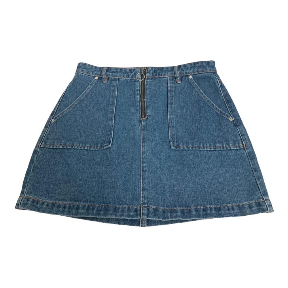 Eightytwo Retro Skater Mini A-Line Denim Jean Skirt Pocketed Zipper Front
